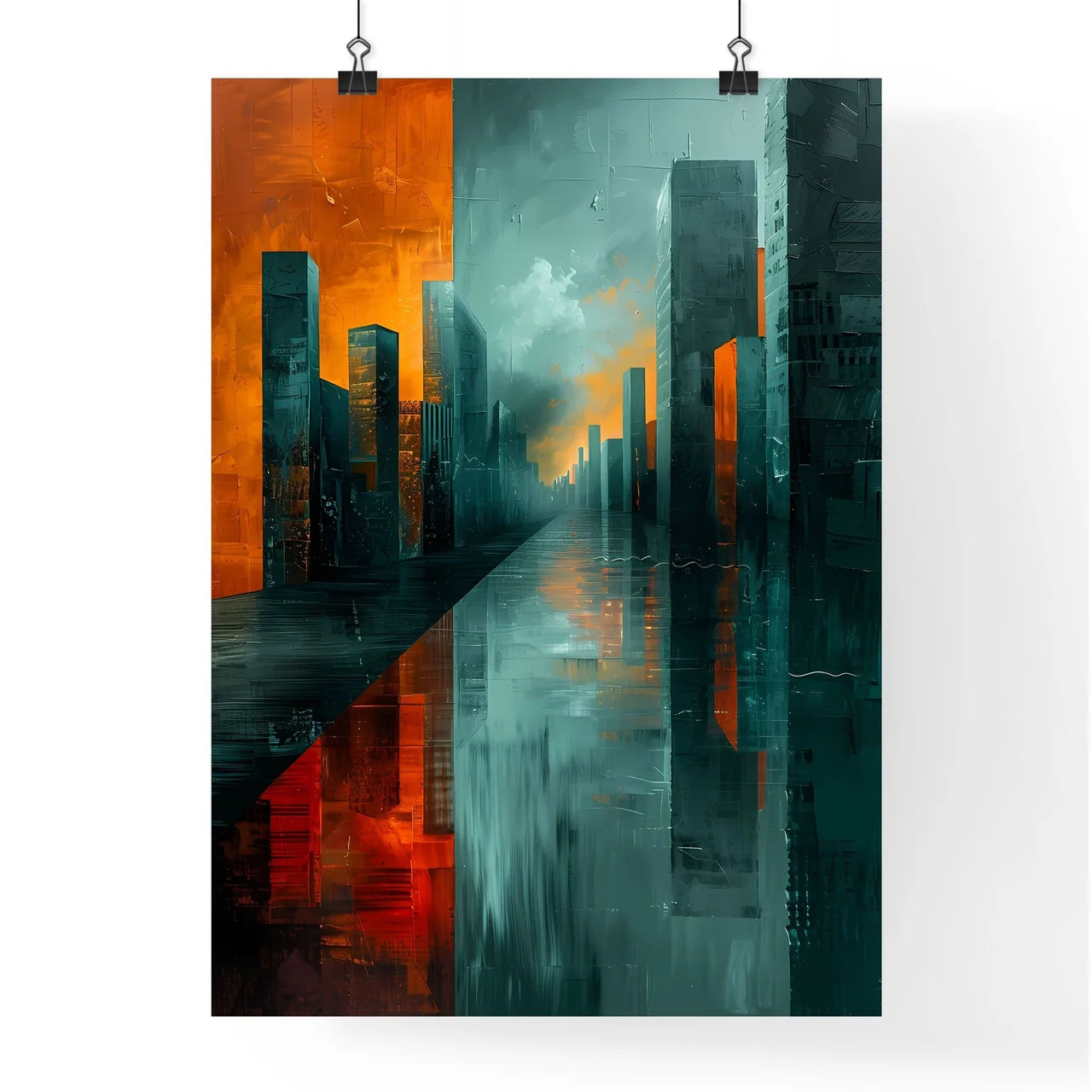 Abstract Cityscape Painting: Vibrant Cubist-Inspired Skyline with Orange and Grey Sky Poster