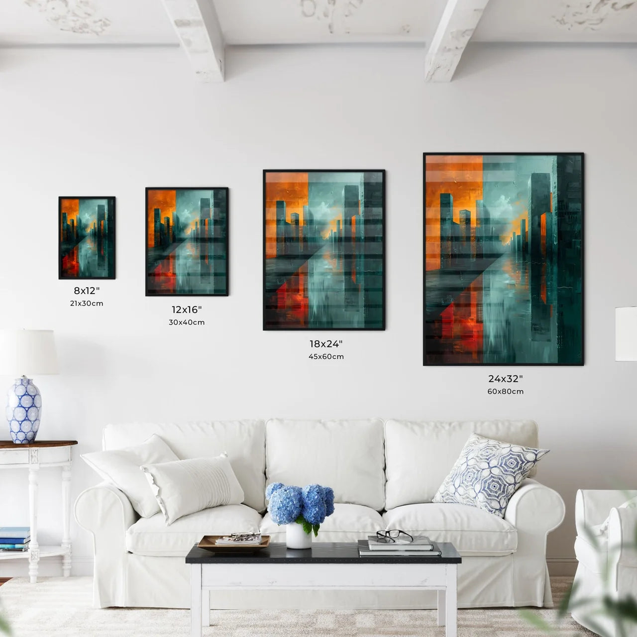 Abstract Cityscape Painting: Vibrant Cubist-Inspired Skyline with Orange and Grey Sky Size Chart