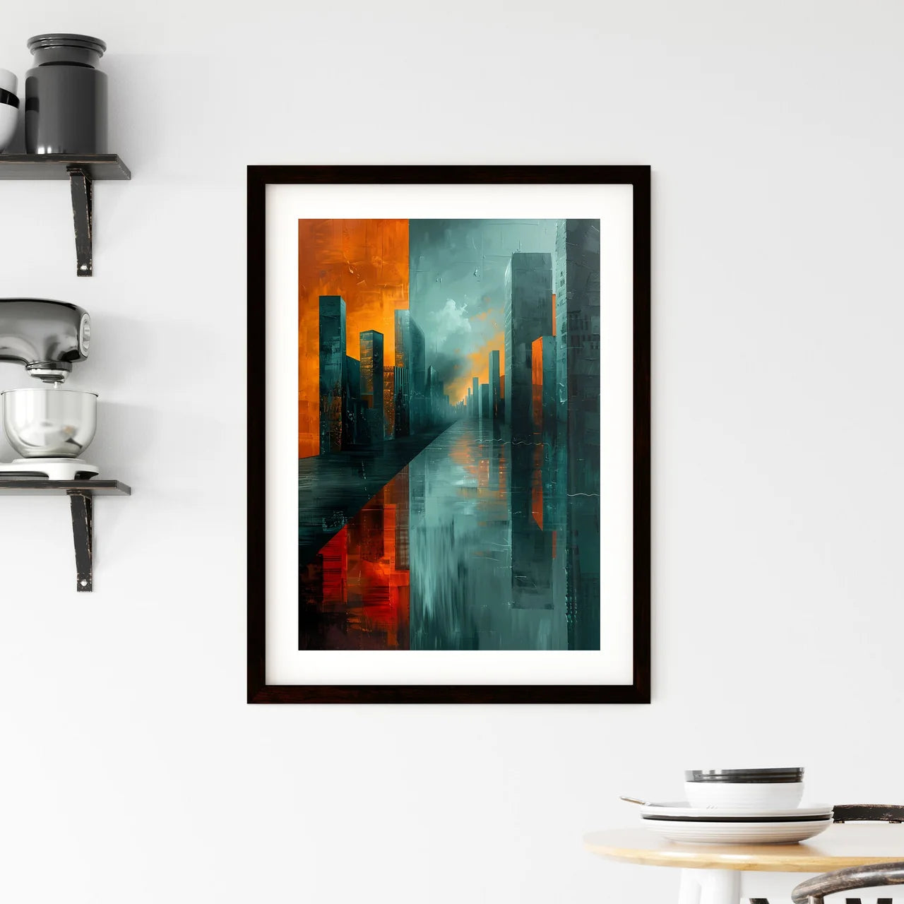 Abstract Cityscape Painting: Vibrant Cubist-Inspired Skyline with Orange and Grey Sky Custom Print