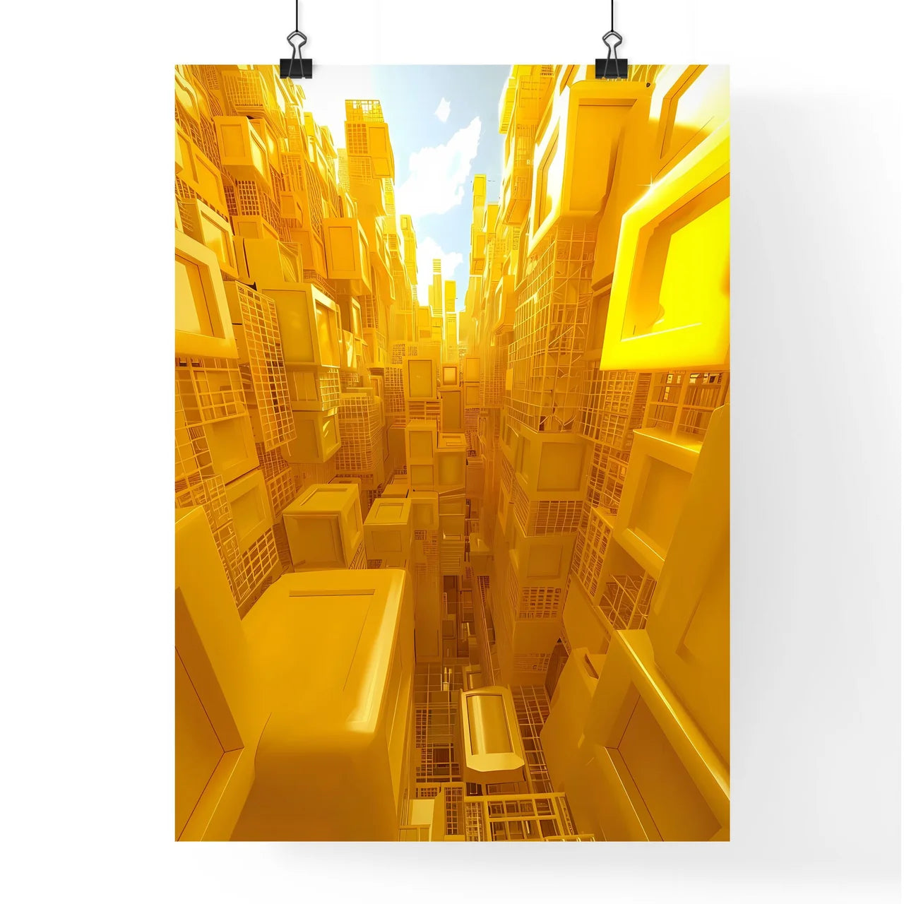 Abstract De Stijl Painting with Geometric Yellow Shapes in Urban Setting Poster