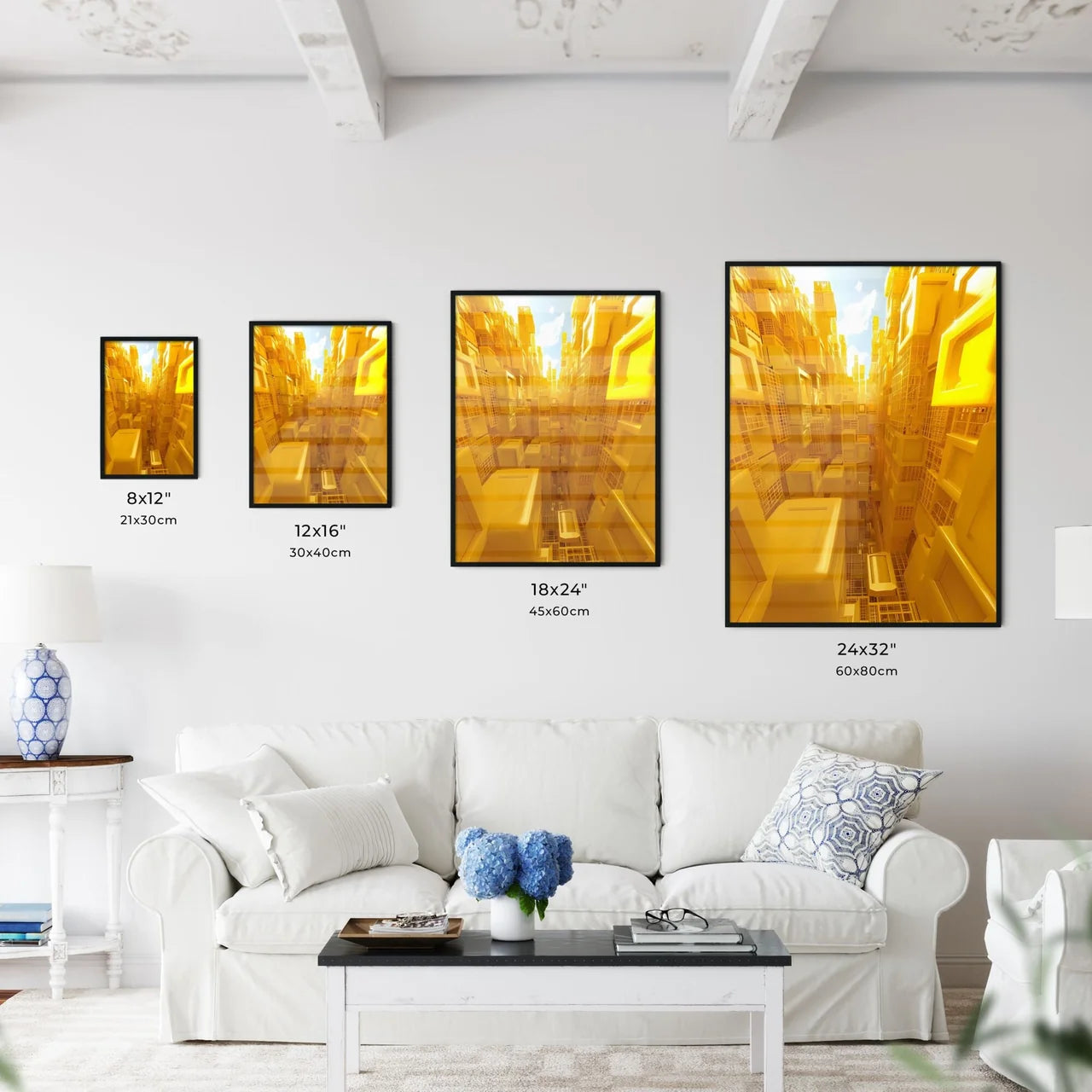 Abstract De Stijl Painting with Geometric Yellow Shapes in Urban Setting Size Chart