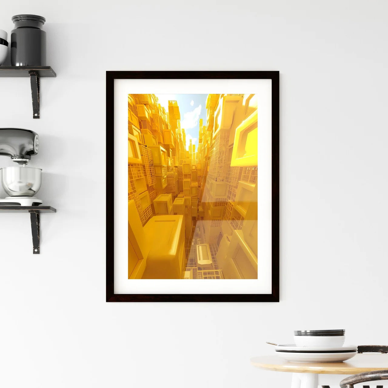 Abstract De Stijl Painting with Geometric Yellow Shapes in Urban Setting Custom Print