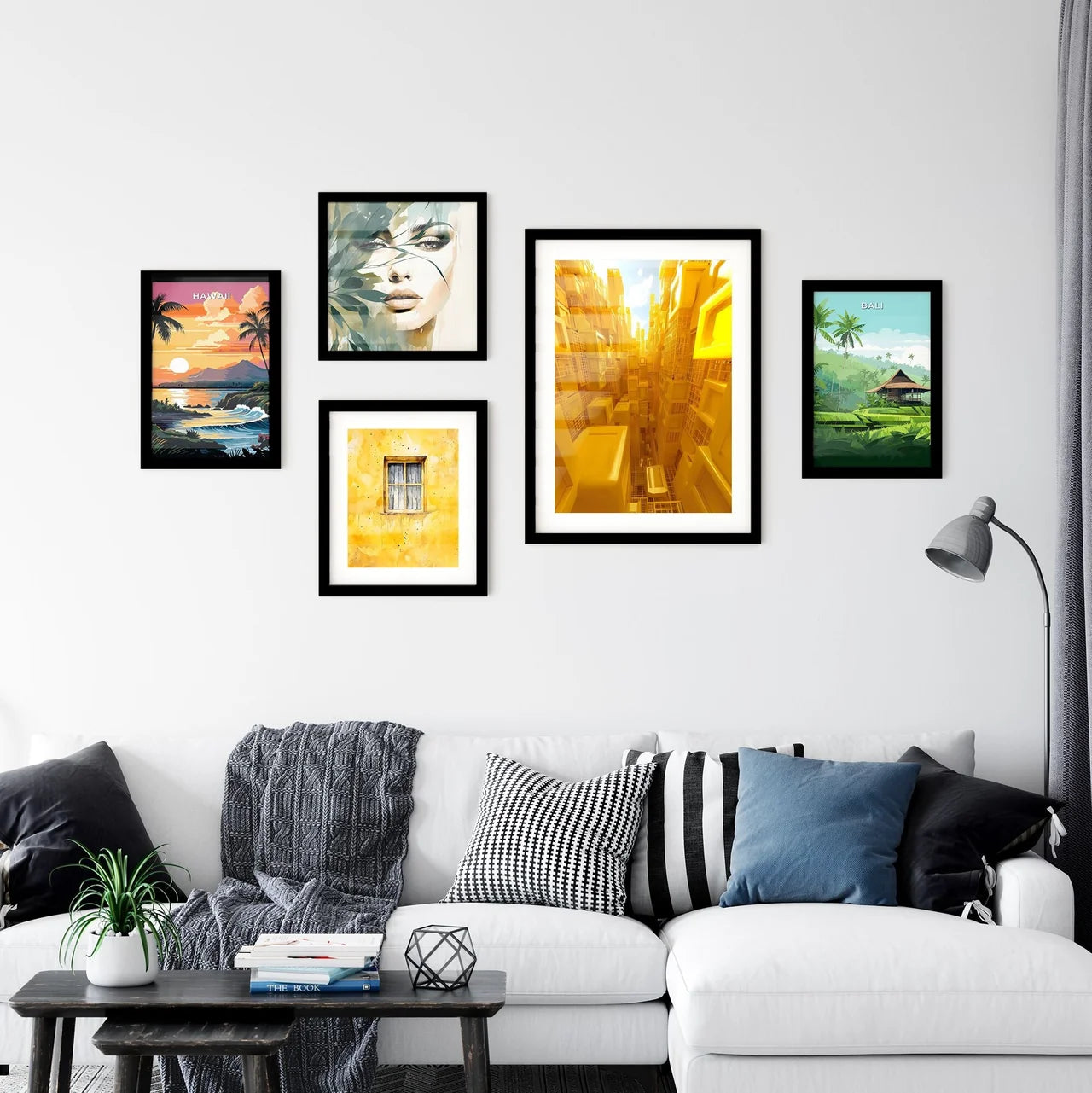 Abstract De Stijl Painting with Geometric Yellow Shapes in Urban Setting Interior Design