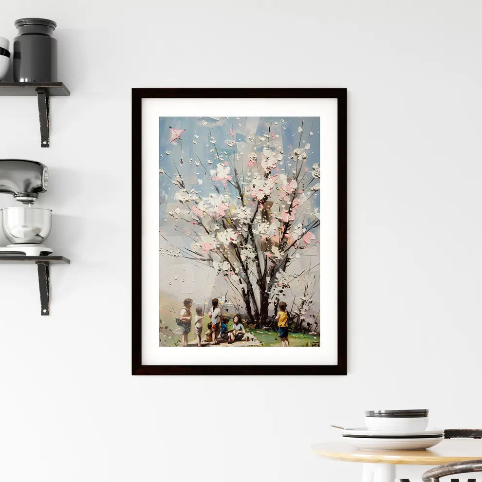 Oil painting spring picnic cherry blossom ki Framed Print