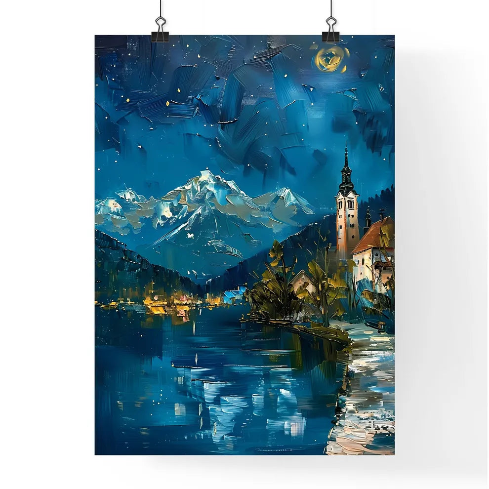Impasto Oil Painting of Bled Lake and Castle Depicting a Lakefront Town at Night in Spring Poster