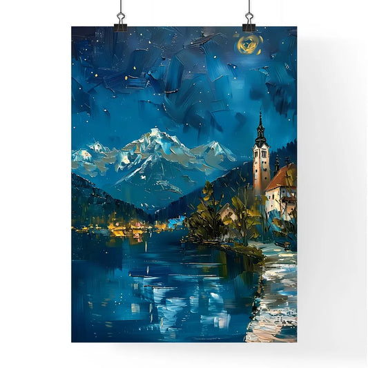 Impasto Oil Painting of Bled Lake and Castle Depicting a Lakefront Town at Night in Spring Poster
