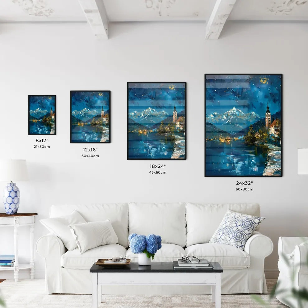 Impasto Oil Painting of Bled Lake and Castle Depicting a Lakefront Town at Night in Spring Size Chart