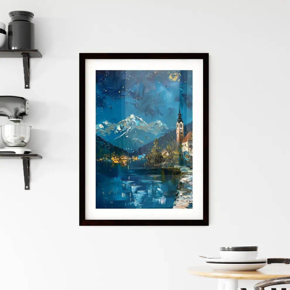 Impasto Oil Painting of Bled Lake and Castle Depicting a Lakefront Town at Night in Spring Custom Print