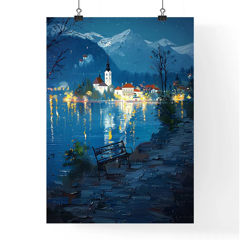 Impasto oil painting on canvas of Bled Lake and castle at night in spring with a bench by the lake Poster