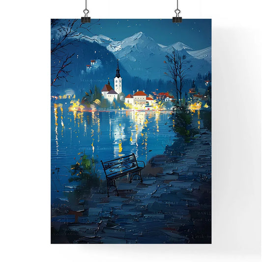 Impasto oil painting on canvas of Bled Lake and castle at night in spring with a bench by the lake Poster