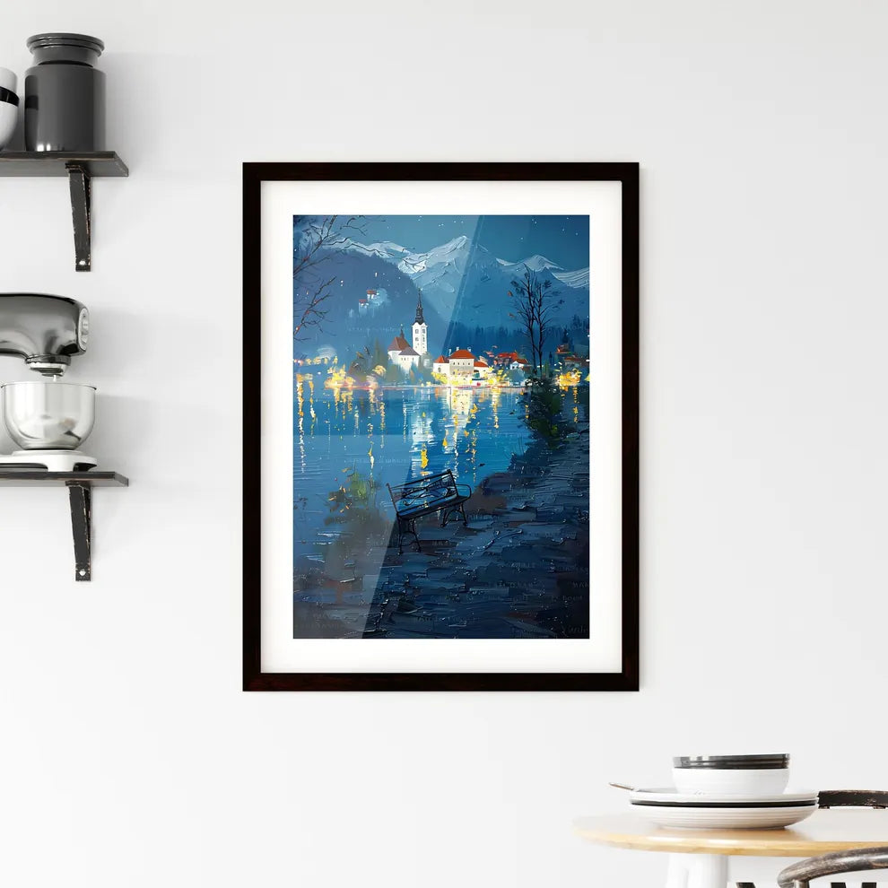 Impasto oil painting on canvas of Bled Lake and castle at night in spring with a bench by the lake Custom Print