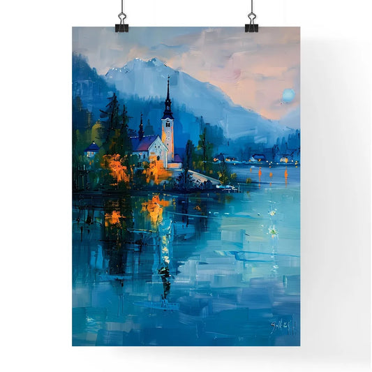 Vibrant Impasto Oil Painting of Bled Lake and Castle - Night Scene in Spring - Church on a Lake Poster