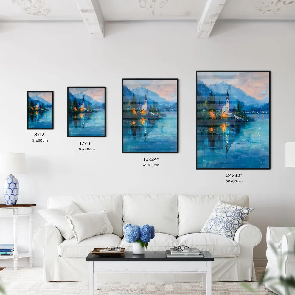 Vibrant Impasto Oil Painting of Bled Lake and Castle - Night Scene in Spring - Church on a Lake Size Chart