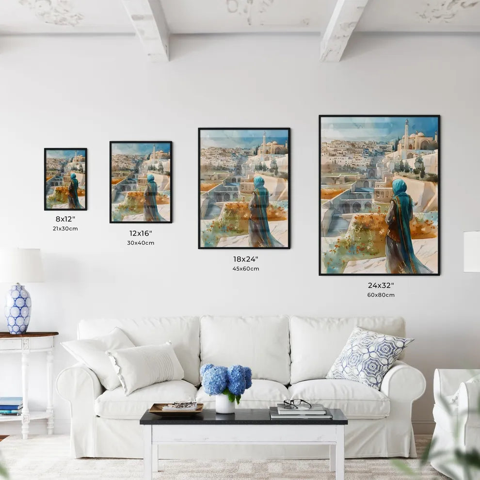 Vibrant Painting of a Cityscape with a Woman in a Blue Scarf, Depicting Modern Architecture, White Marble Buildings, and a Flower Garden in Traditional Figurative Art Style Size Chart