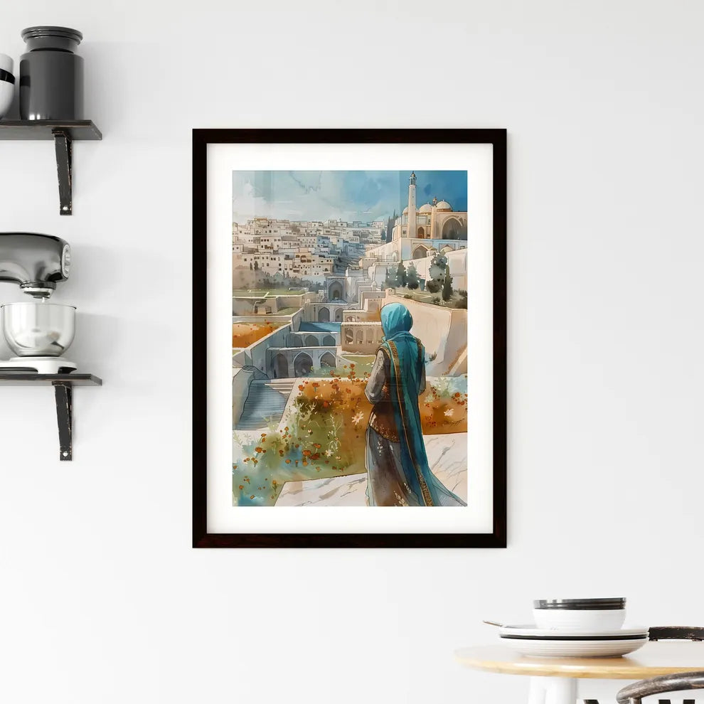 Vibrant Painting of a Cityscape with a Woman in a Blue Scarf, Depicting Modern Architecture, White Marble Buildings, and a Flower Garden in Traditional Figurative Art Style Custom Print