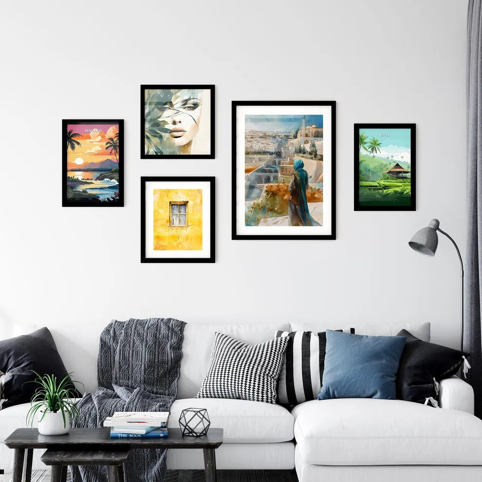 Vibrant Painting of a Cityscape with a Woman in a Blue Scarf, Depicting Modern Architecture, White Marble Buildings, and a Flower Garden in Traditional Figurative Art Style Interior Design