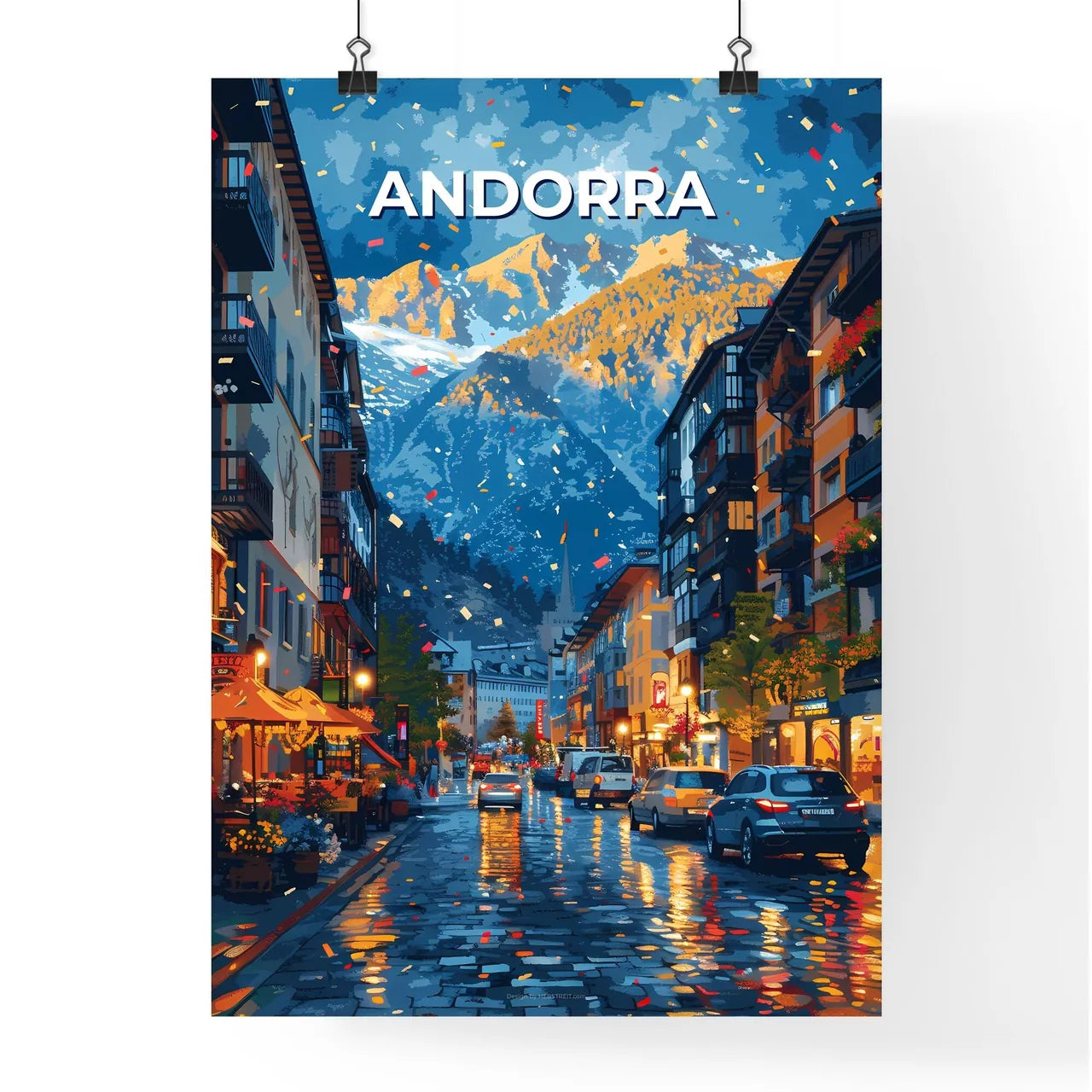 Vibrant Andorra Street Art with Mountain Panorama - Europe, Cityscape, Painting, Buildings Poster