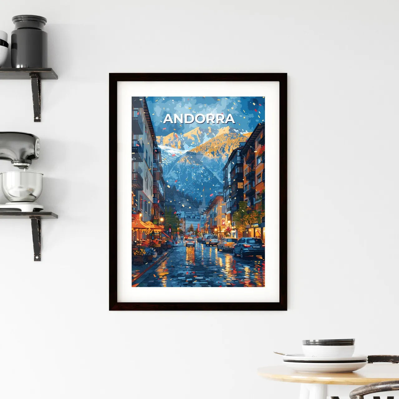 Vibrant Andorra Street Art with Mountain Panorama - Europe, Cityscape, Painting, Buildings Custom Print