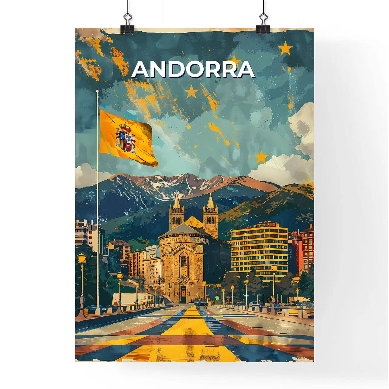 Artistic Flag of Andorra, Vibrant Cityscape, European Landscape Painting Poster