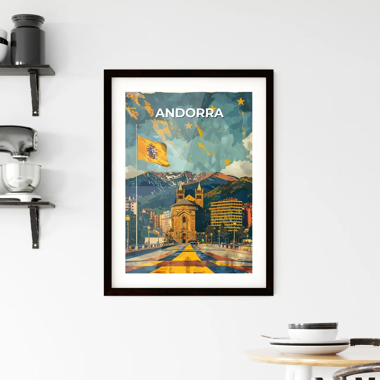 Artistic Flag of Andorra, Vibrant Cityscape, European Landscape Painting Custom Print