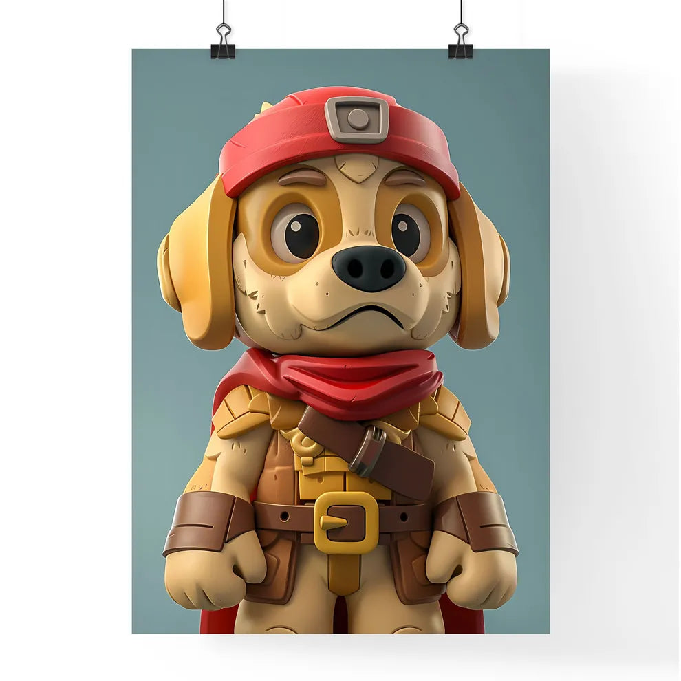 Vibrant 3D Character Art: Anthropomorphic Labrador Retriever Warrior with Vibrant Red Bandana and Scarf Poster