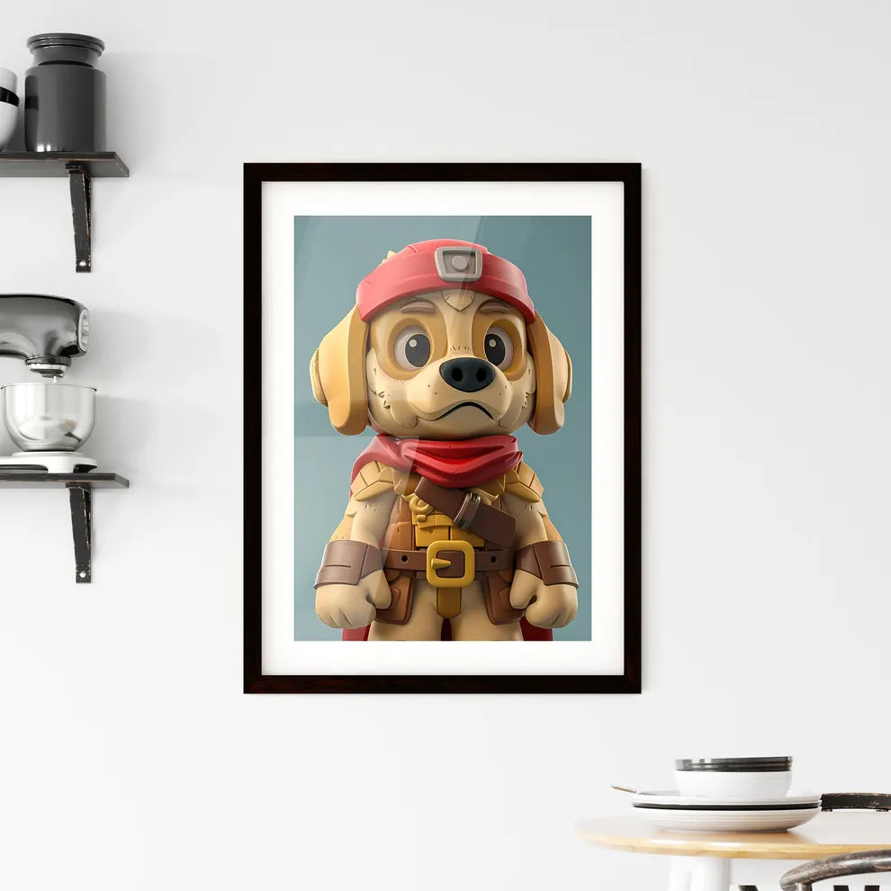 Vibrant 3D Character Art: Anthropomorphic Labrador Retriever Warrior with Vibrant Red Bandana and Scarf Framed Print