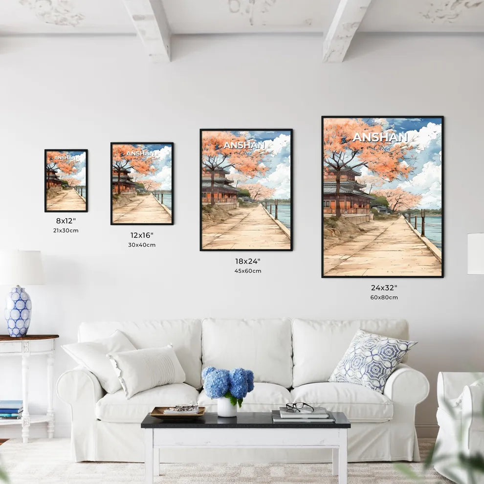 Cityscape Art: Vibrant Brushstroke Painting of Anshan Skyline by Water Default Title