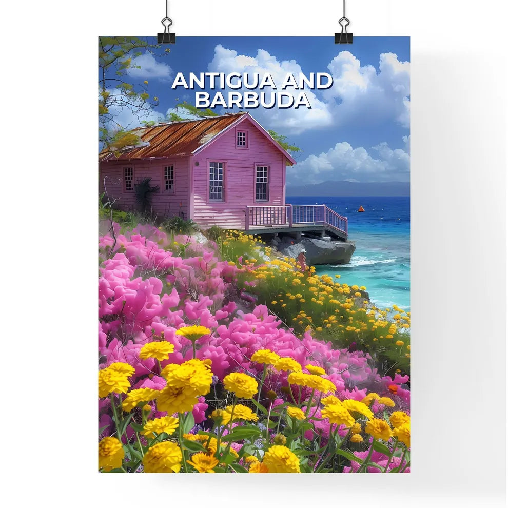 vibrant painting art Antigua and Barbuda North America pink house cliff by the water Poster