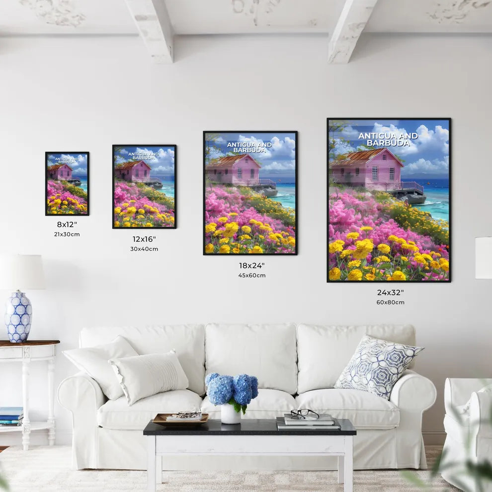 vibrant painting art Antigua and Barbuda North America pink house cliff by the water Size Chart