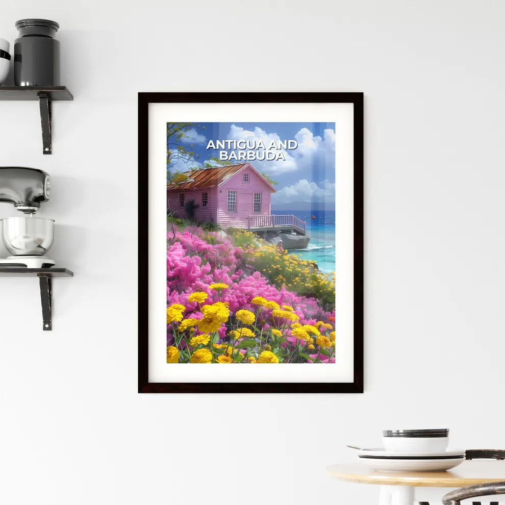 vibrant painting art Antigua and Barbuda North America pink house cliff by the water Custom Print