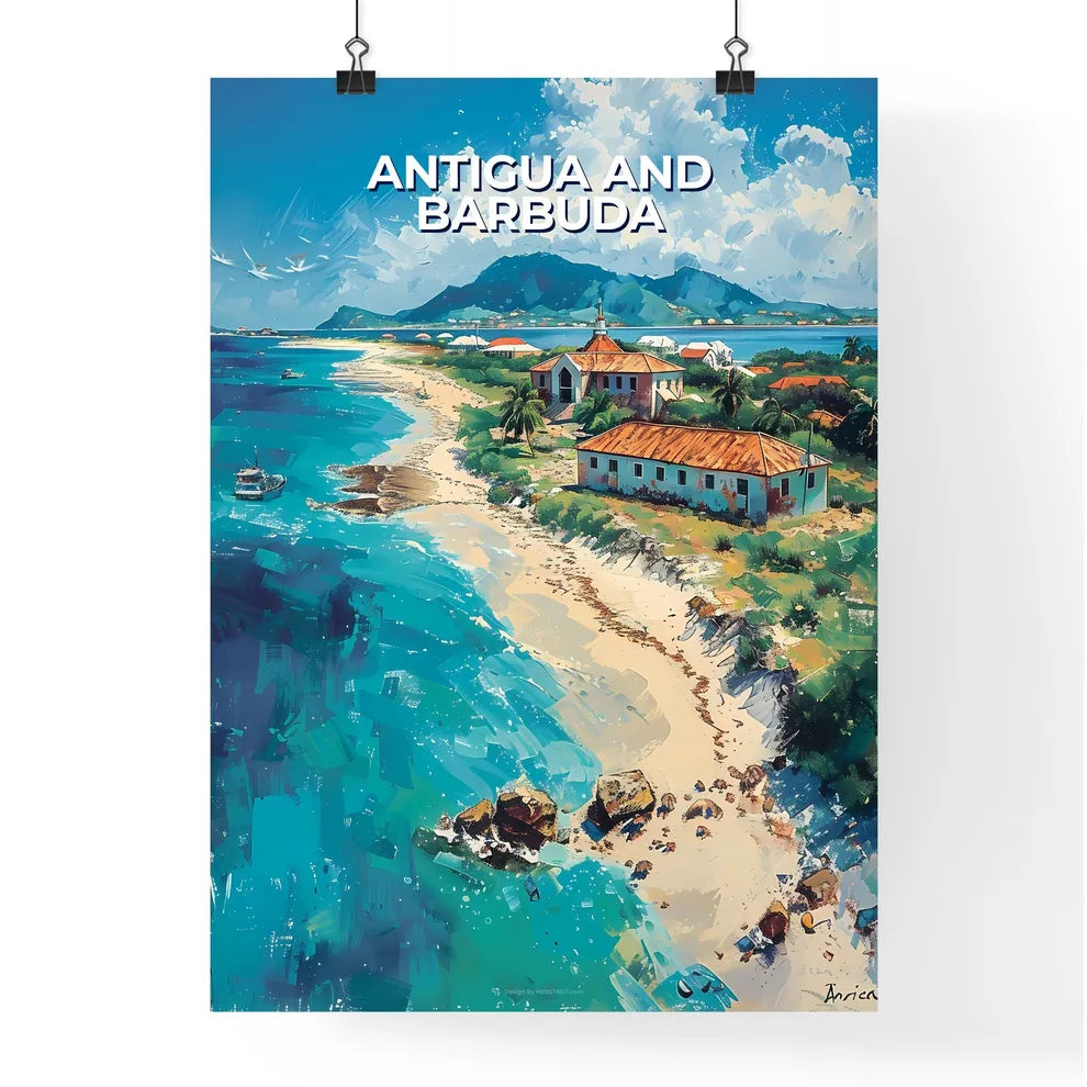 Beachfront Painting Antigua Barbuda North America Building Boat Art Vibrant Poster