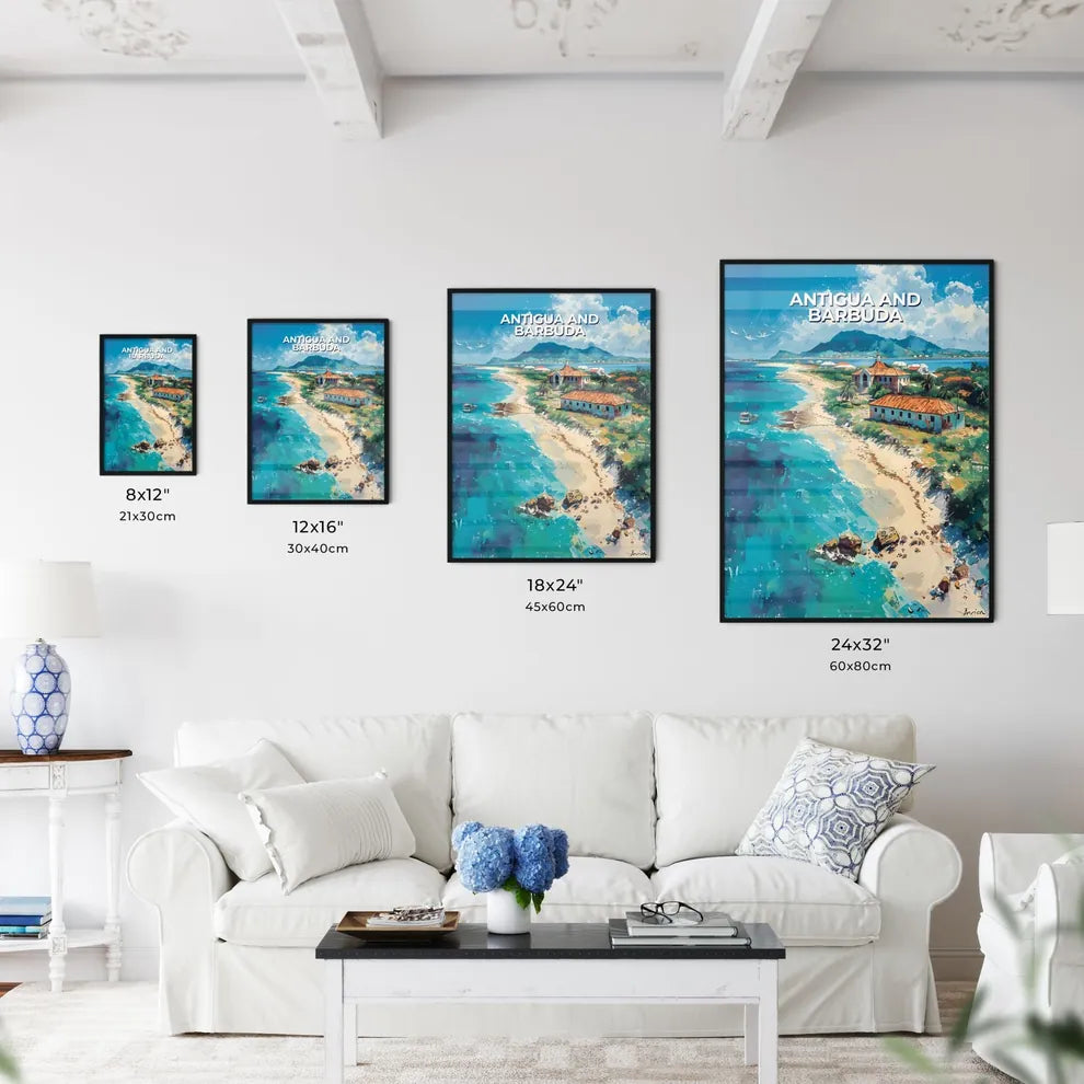 Beachfront Painting Antigua Barbuda North America Building Boat Art Vibrant Size Chart