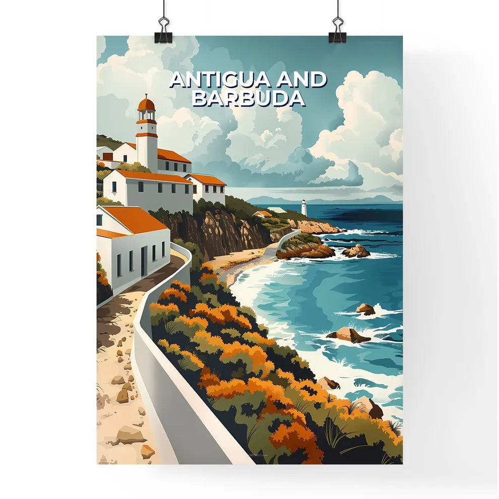 Vibrant Painting Depicting Antigua and Barbuda, North America: White Buildings Perched on Cliff by Ocean Poster