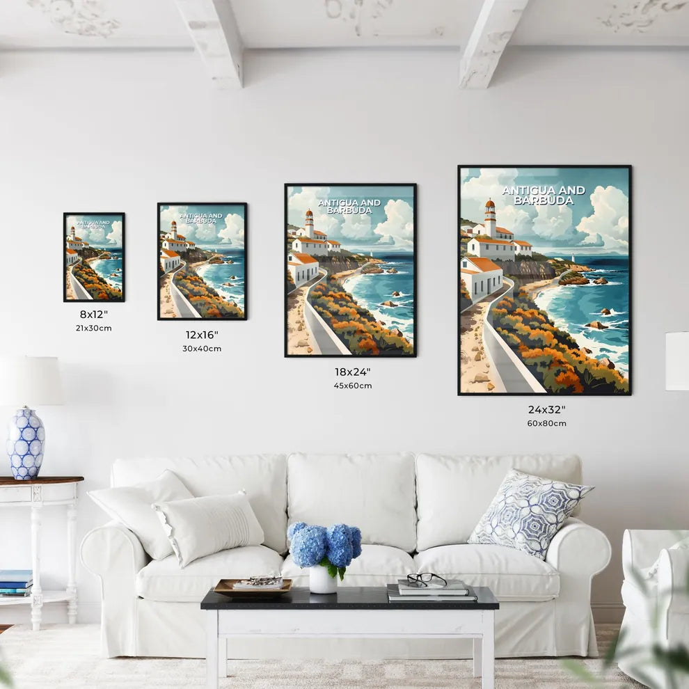 Vibrant Painting Depicting Antigua and Barbuda, North America: White Buildings Perched on Cliff by Ocean Size Chart