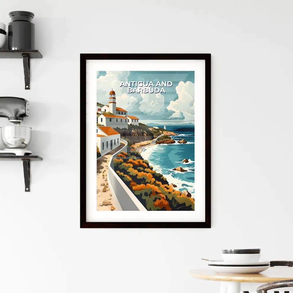 Vibrant Painting Depicting Antigua and Barbuda, North America: White Buildings Perched on Cliff by Ocean Custom Print