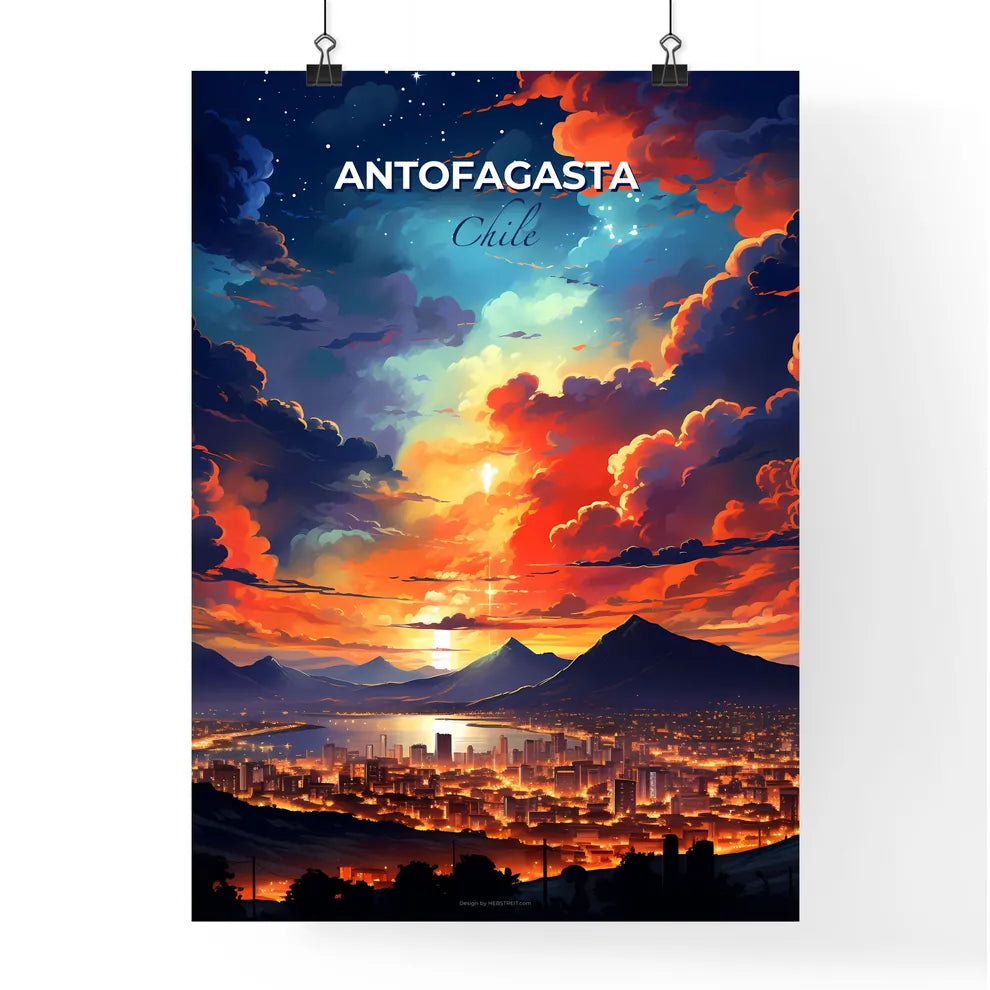 Vibrant Cityscape Painting of Antofagasta Skyline with Mountains and Clouds Default Title