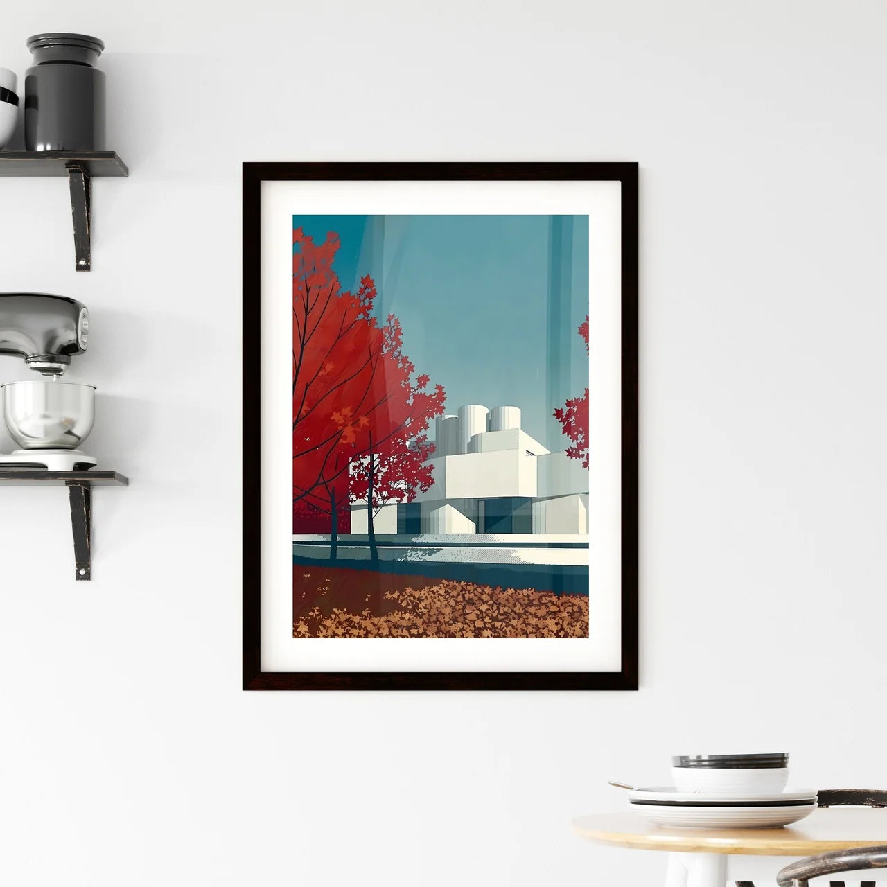 Abstract Architecture Poster Design Bauhaus Minimalist Building Painting Red Leaves Custom Print