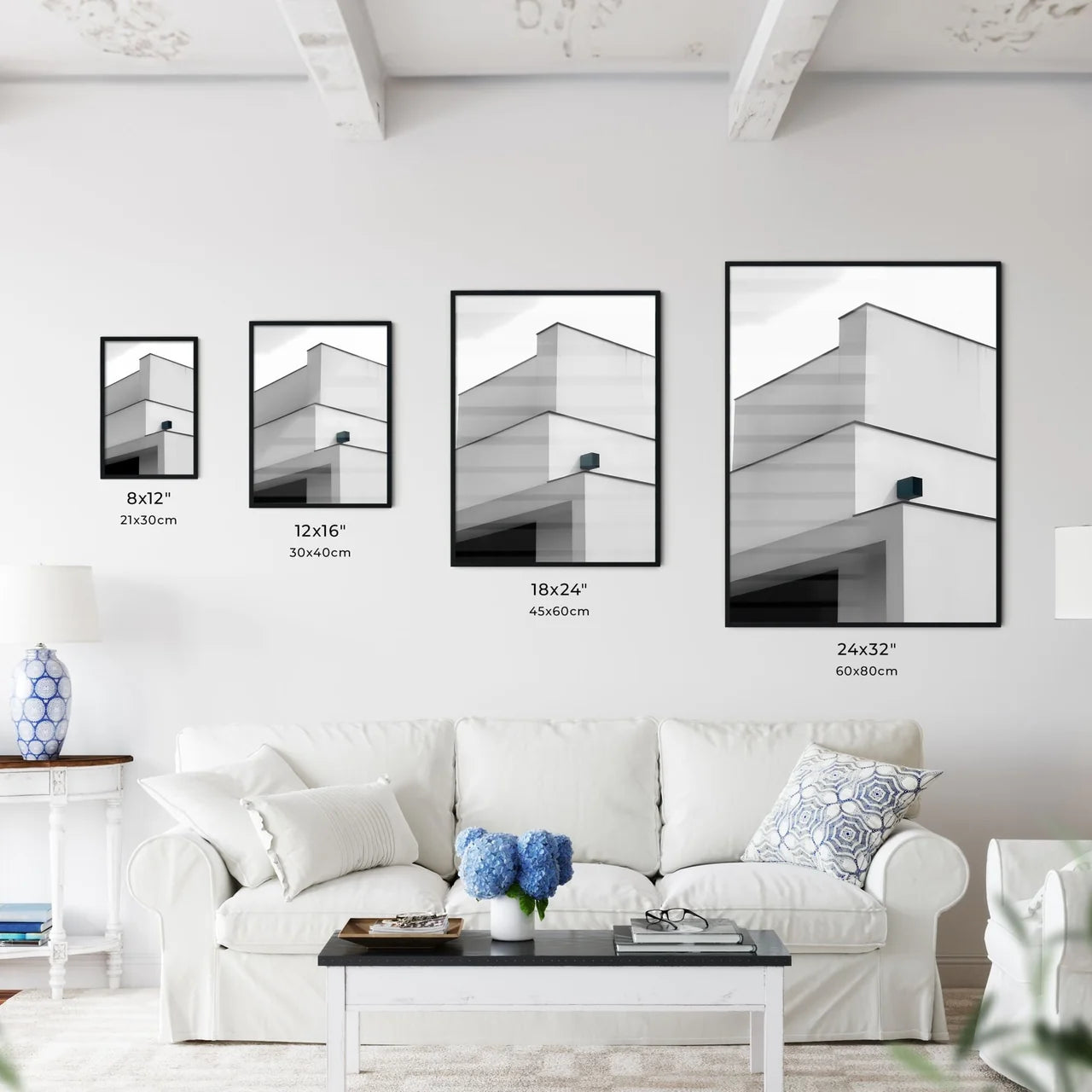Bauhaus Minimalist Architecture Poster Design - Vibrant Painting Focus on Corner Box Size Chart
