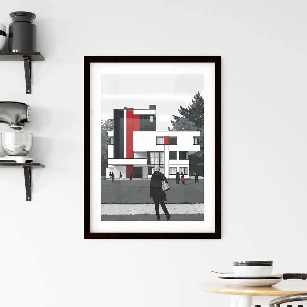 Black and white bauhaus minimalist poster design architecture city people building painting art vibrant Custom Print