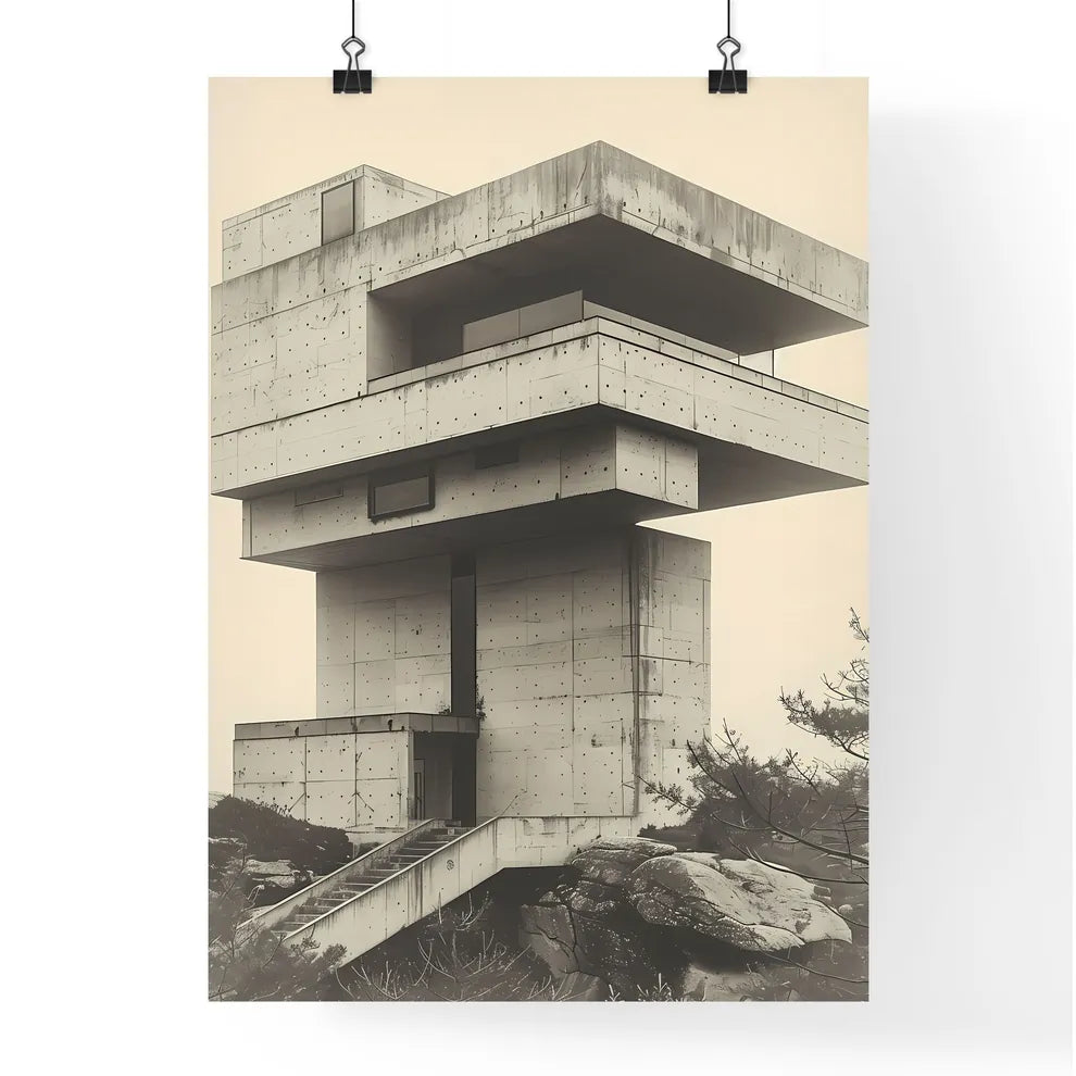 Abstract minimalist building art painting poster design with geometric shapes and vibrant colors, featuring a staircase and architectural elements Poster