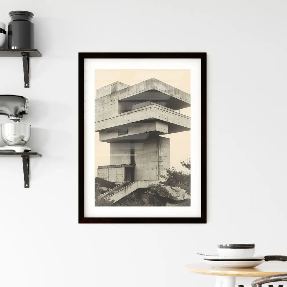 Abstract minimalist building art painting poster design with geometric shapes and vibrant colors, featuring a staircase and architectural elements Custom Print