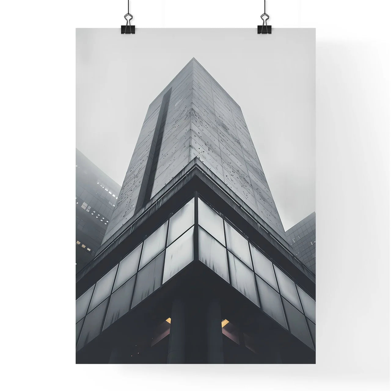 Vibrant minimalist art print featuring a striking urban cityscape from a unique low-angle perspective Poster