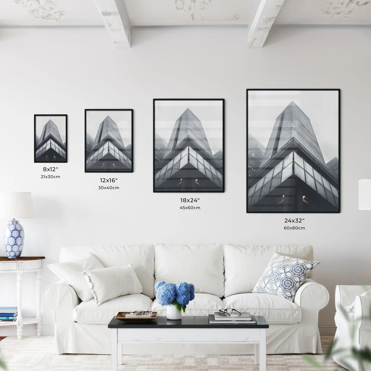 Vibrant minimalist art print featuring a striking urban cityscape from a unique low-angle perspective Size Chart