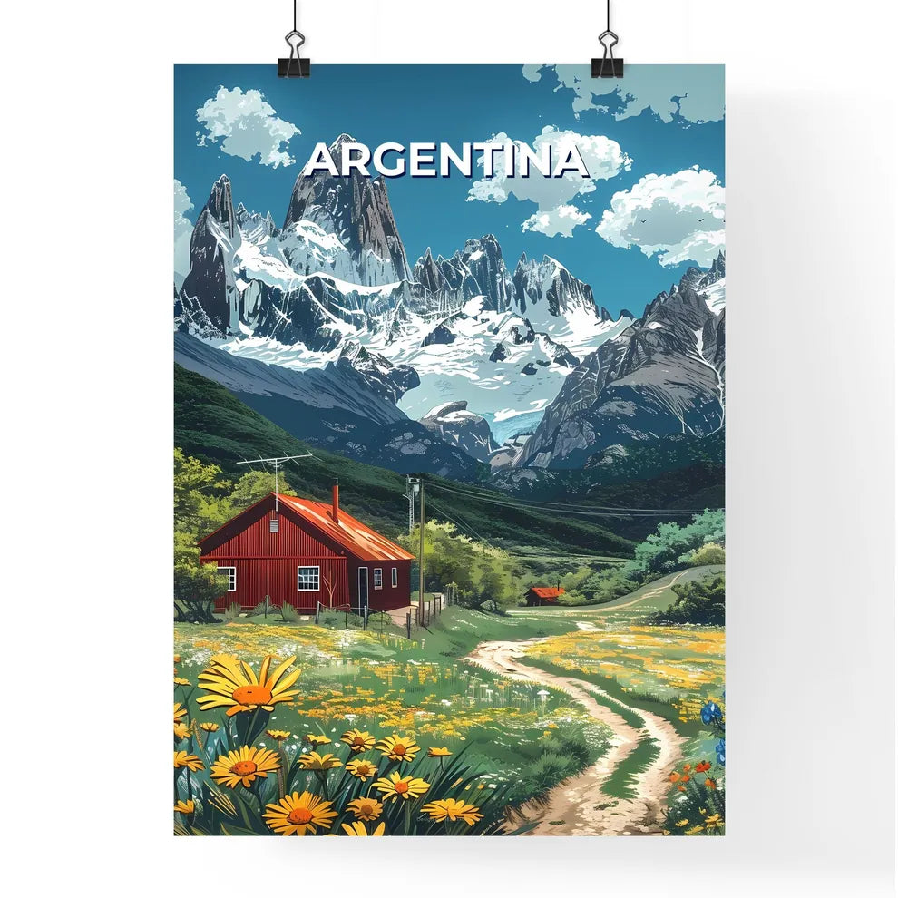 Vibrant Painting of a Red House Amidst Flowers in Argentina's Scenic Landscape Poster