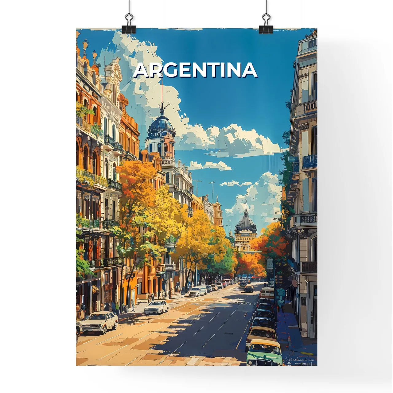 Vibrant Argentina Street Art Painting with Buildings and Cars, South America Poster
