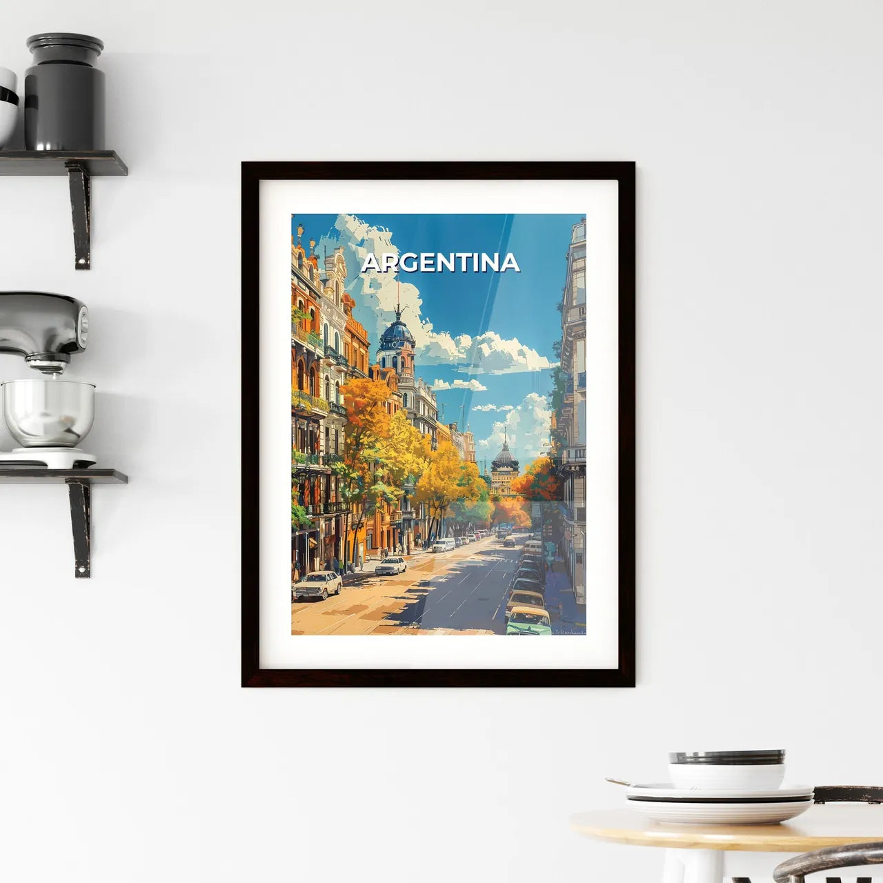 Vibrant Argentina Street Art Painting with Buildings and Cars, South America Custom Print