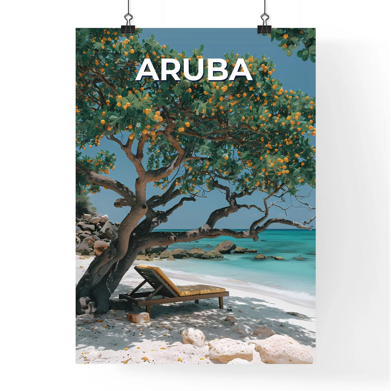 Vibrant Painting of Chair Under Tree on Scen Poster