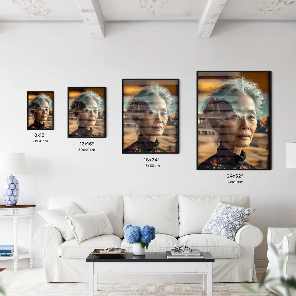 Elegant Asian Grandma Portrait with Glasses, Mountain Double Exposure, Vibrant Painting, Senior Woman, Happy Smile, Leisure Scenery Default Title