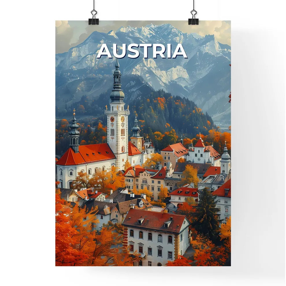 Vibrant City Painting: Austrian Town with Clock Tower and Orange Trees Poster