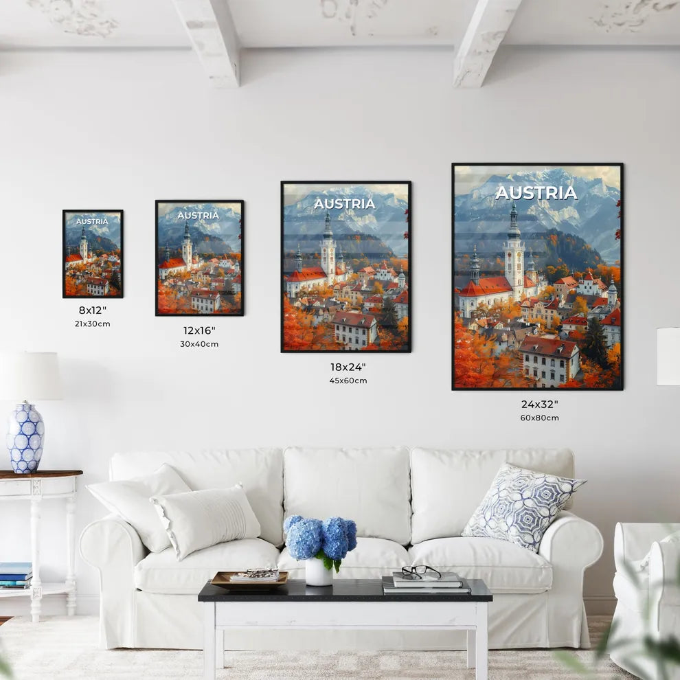 Vibrant City Painting: Austrian Town with Clock Tower and Orange Trees Size Chart